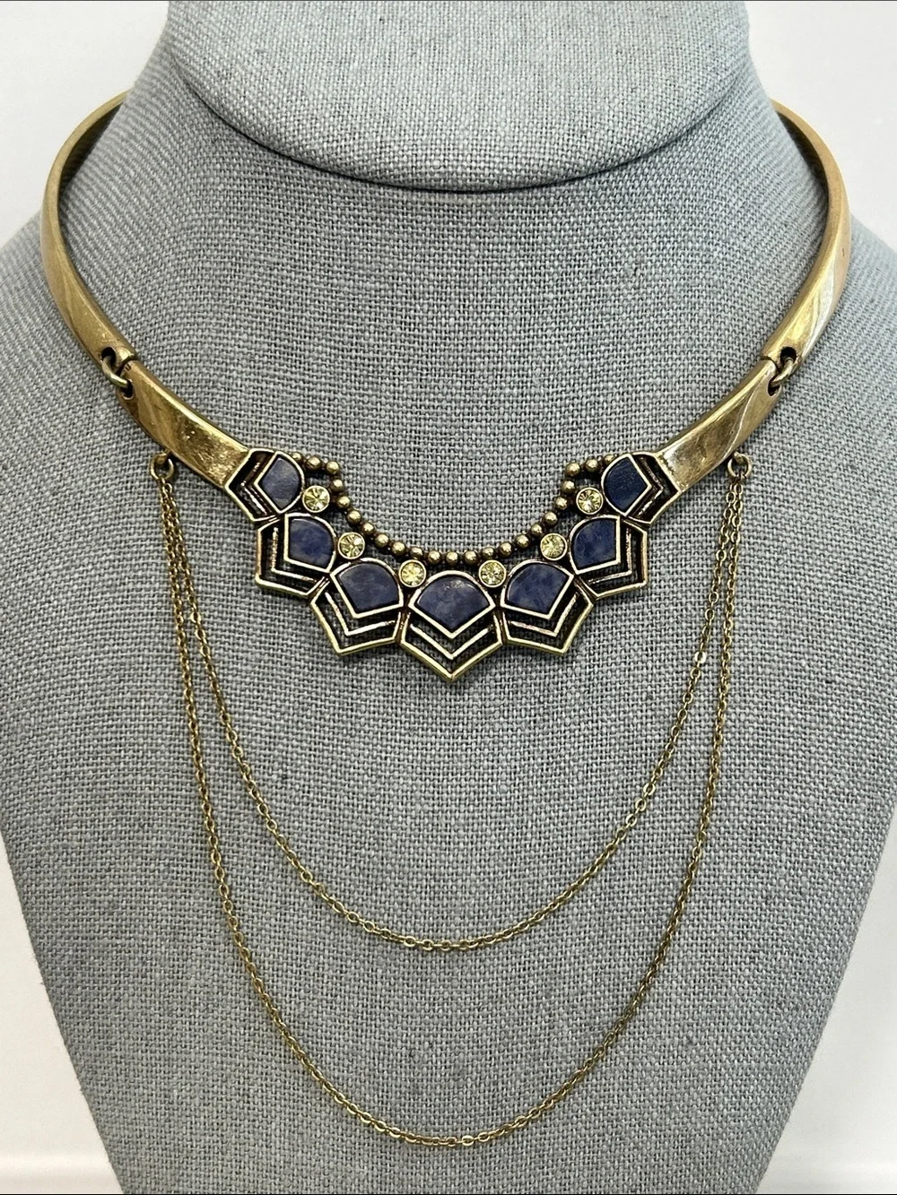 Gold-Tone Blue Stone Geometric Boho Statement Collar Necklace - Women Jewelry